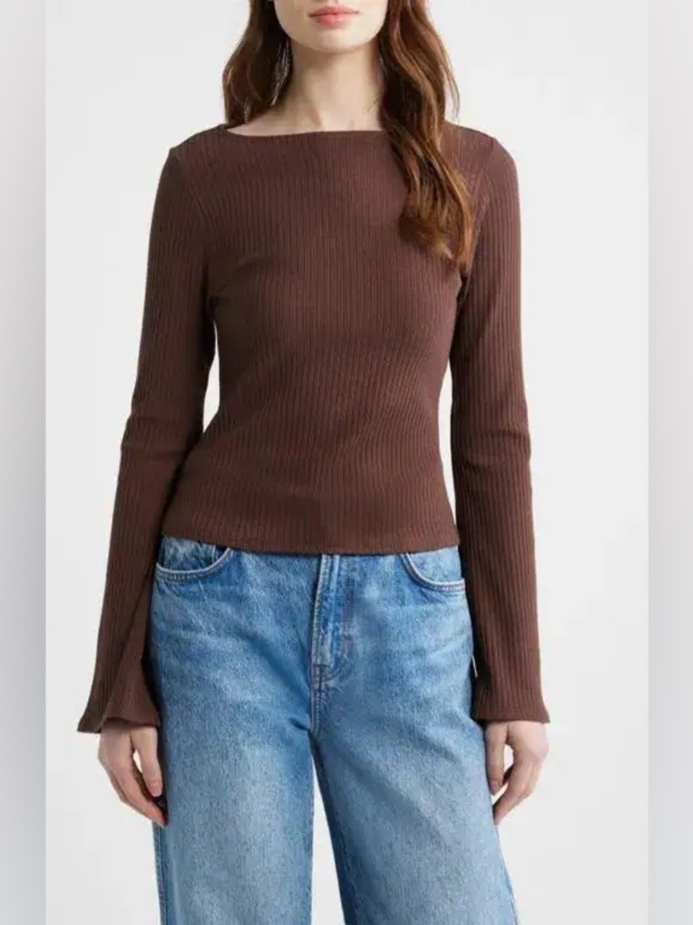 Reformation Miller Bell Brown Ribbed Long-Sleeve Boatneck Top Size XS
